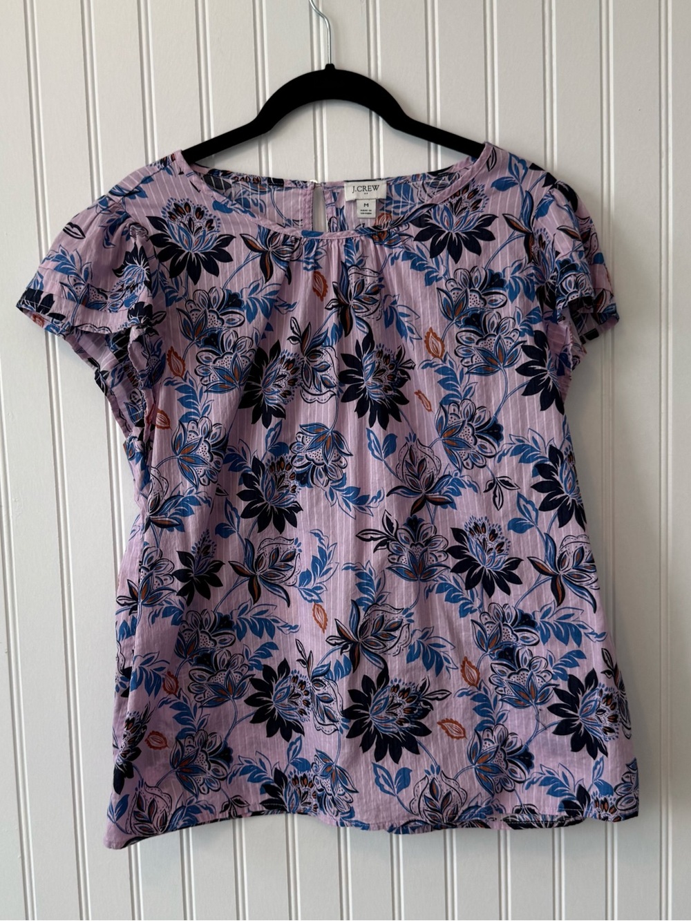 J. Crew Factory Pintuck Flutter-Sleeve Top Size M Pink Lilac Blue Floral Cotton